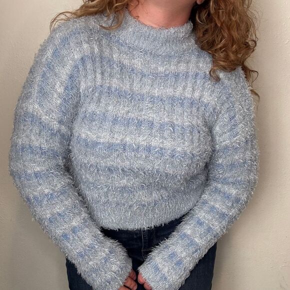 Candie's Sweaters - Candie's Crop Mock Neck Fuzzy Eyelash Fur Fabric Knit Sweater Blue Stripe Medium